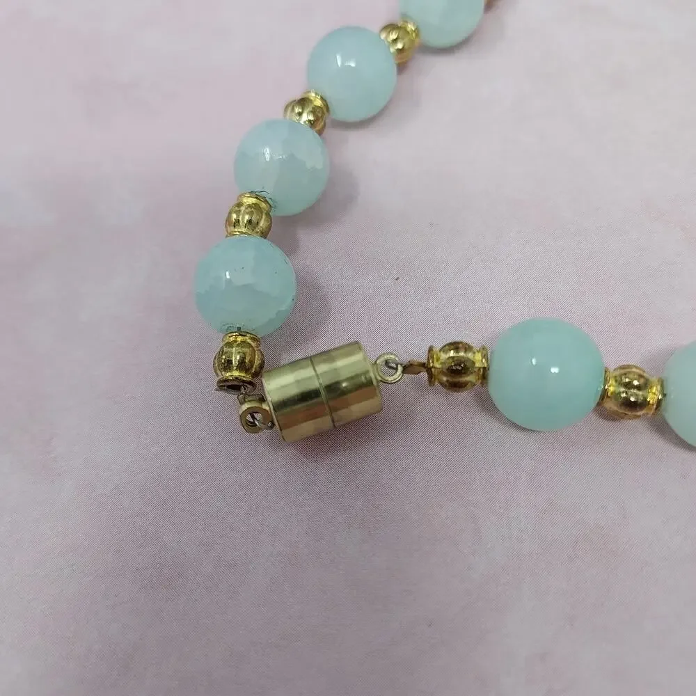 Vintage Plastic Beaded Necklace Pale Aqua Gold Tone Spacers Barrel Clasp 20